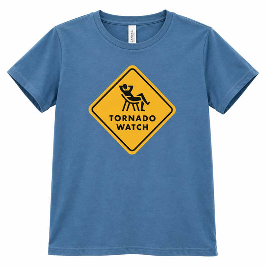 A blue short-sleeve crewneck t-shirt featuring a yellow diamond-shaped 'Tornado Watch' warning sign graphic printed on the chest.
