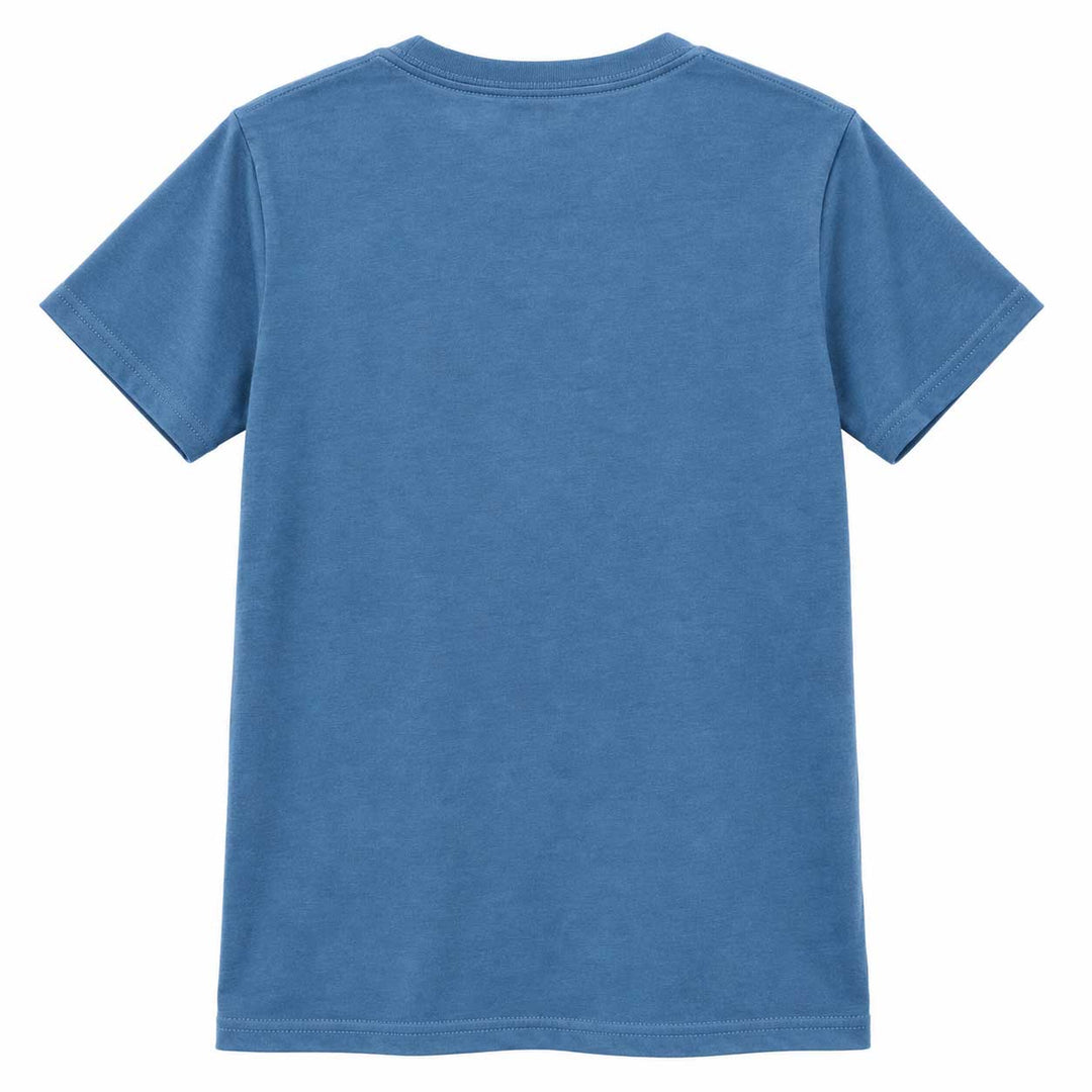 A classic short-sleeve crewneck t-shirt in a medium blue color, shown from the back on a solid white background.