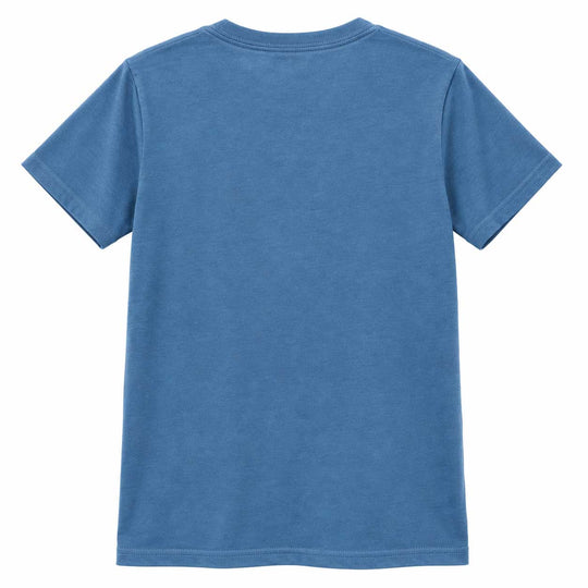 A classic short-sleeve crewneck t-shirt in a medium blue color, shown from the back on a solid white background.