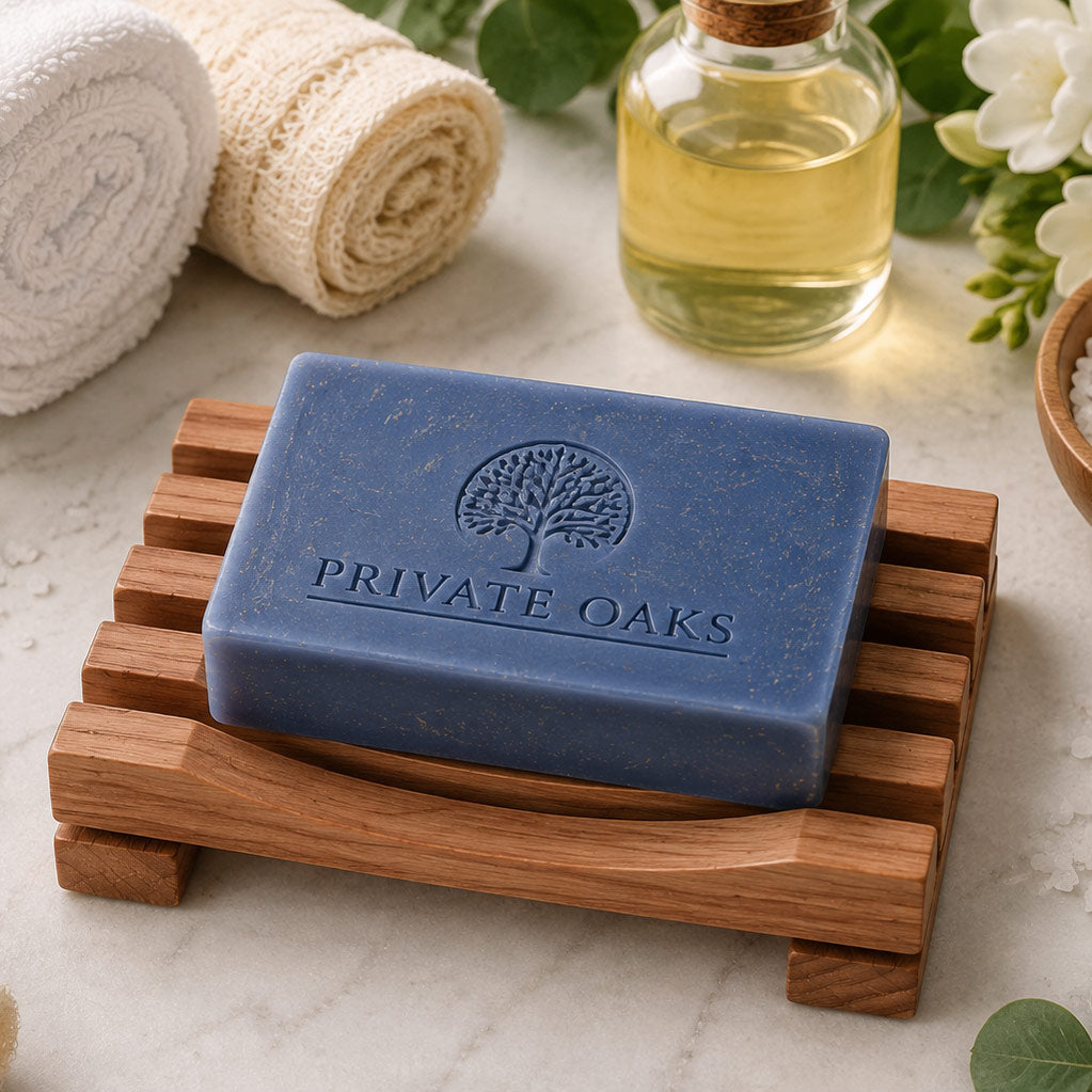 A rectangular blue soap bar embossed with a tree logo and the words 'PRIVATE OAKS' sits on a wooden soap dish. The scene is styled with rolled towels, a small bottle of oil, and white flowers on a light marble surface.