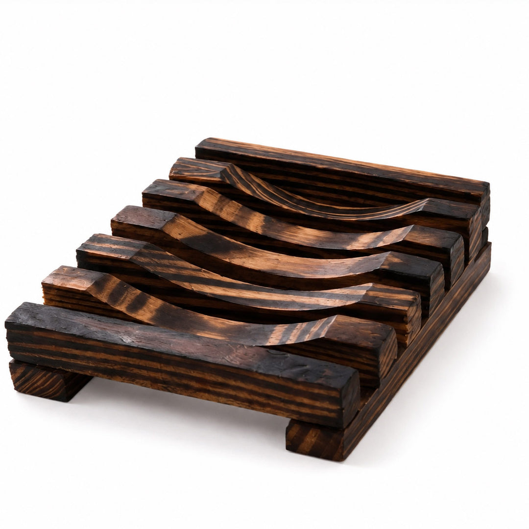 A dark brown wooden wine rack with a wavy, slatted design, shown on a clean white background.