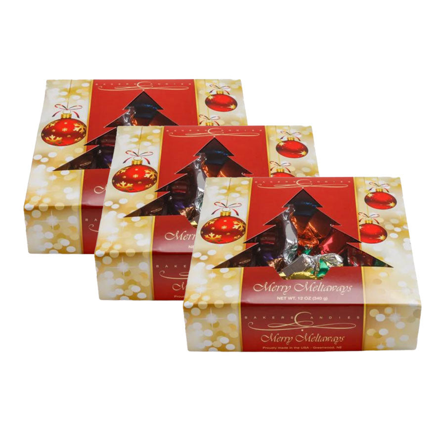 Three Christmas-themed candy boxes with red ornaments and 'Merry Meltdown' text on a white background.