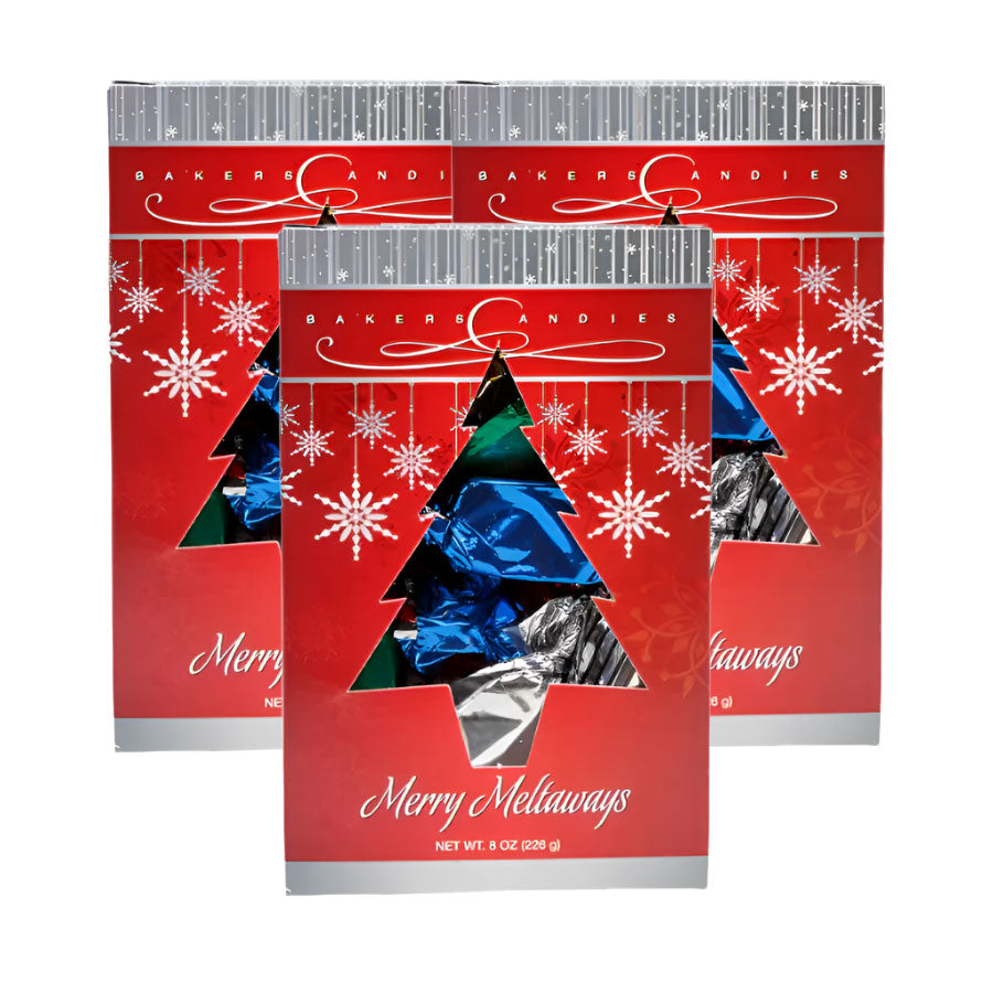 Three packages of Baker's Candies Merry Meltaways with Christmas tree design on a white background