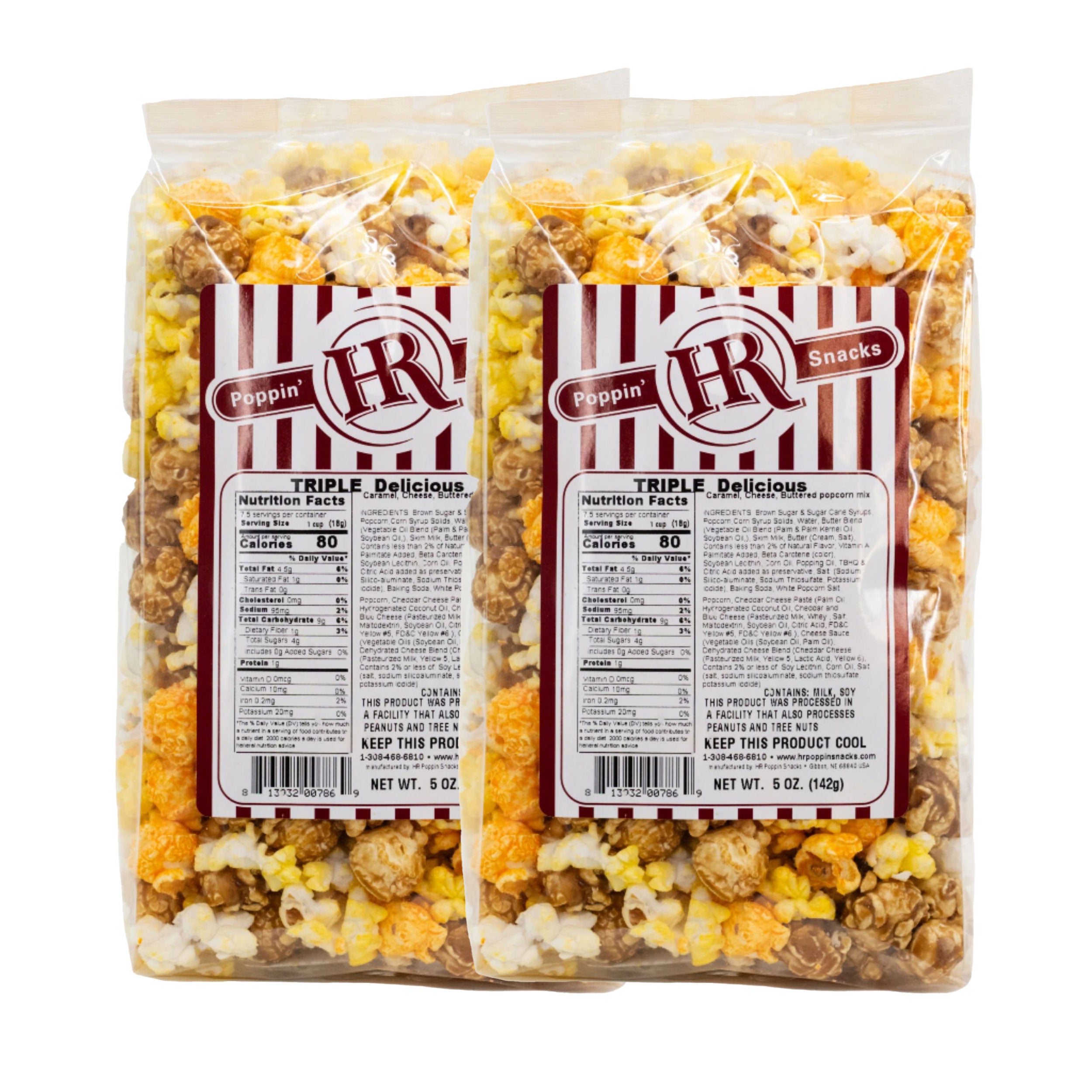 Two packages of Poppin' HR Snacks 'Triple Delicious' popcorn on a white background