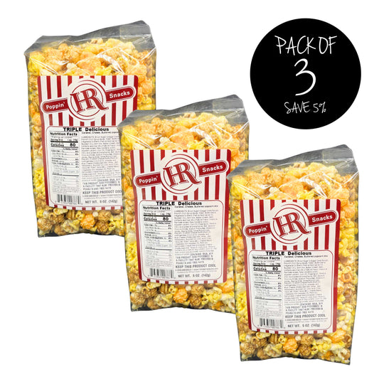 Triple Delicious Popcorn | 5 oz. | Pack of 3 | Caramel, Cheese, & Butter Popcorn Mix | Savory Snack | Made in Gibbon, NE | HR Poppin' Snacks