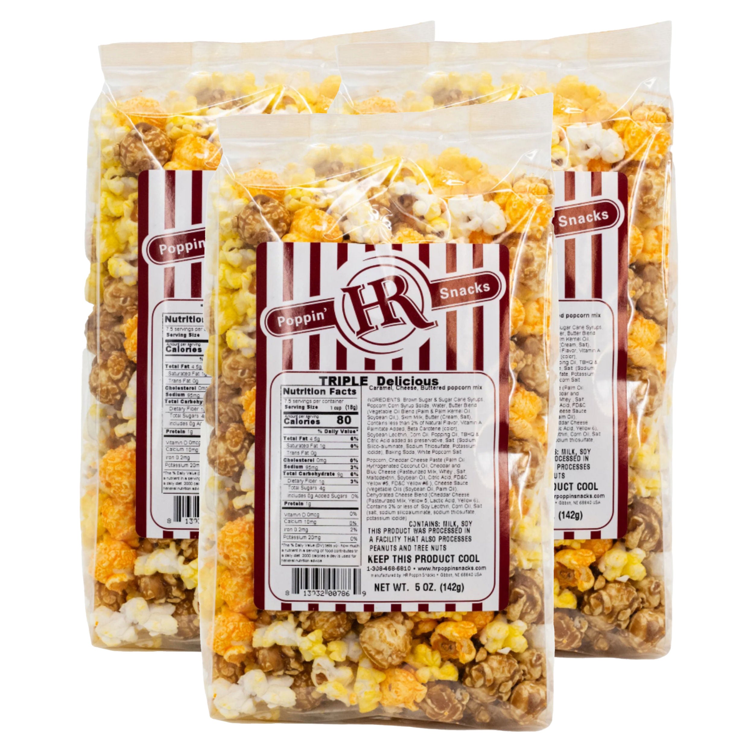 Three packages of HR Poppin' Snacks Triple Delicious popcorn with visible branding and nutritional information.