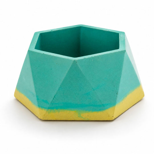 Hexagon-Shaped Pottery Plant Holder | Aqua & Yellow | 4.5" x 3.75" x 2" | Color Crete Creations