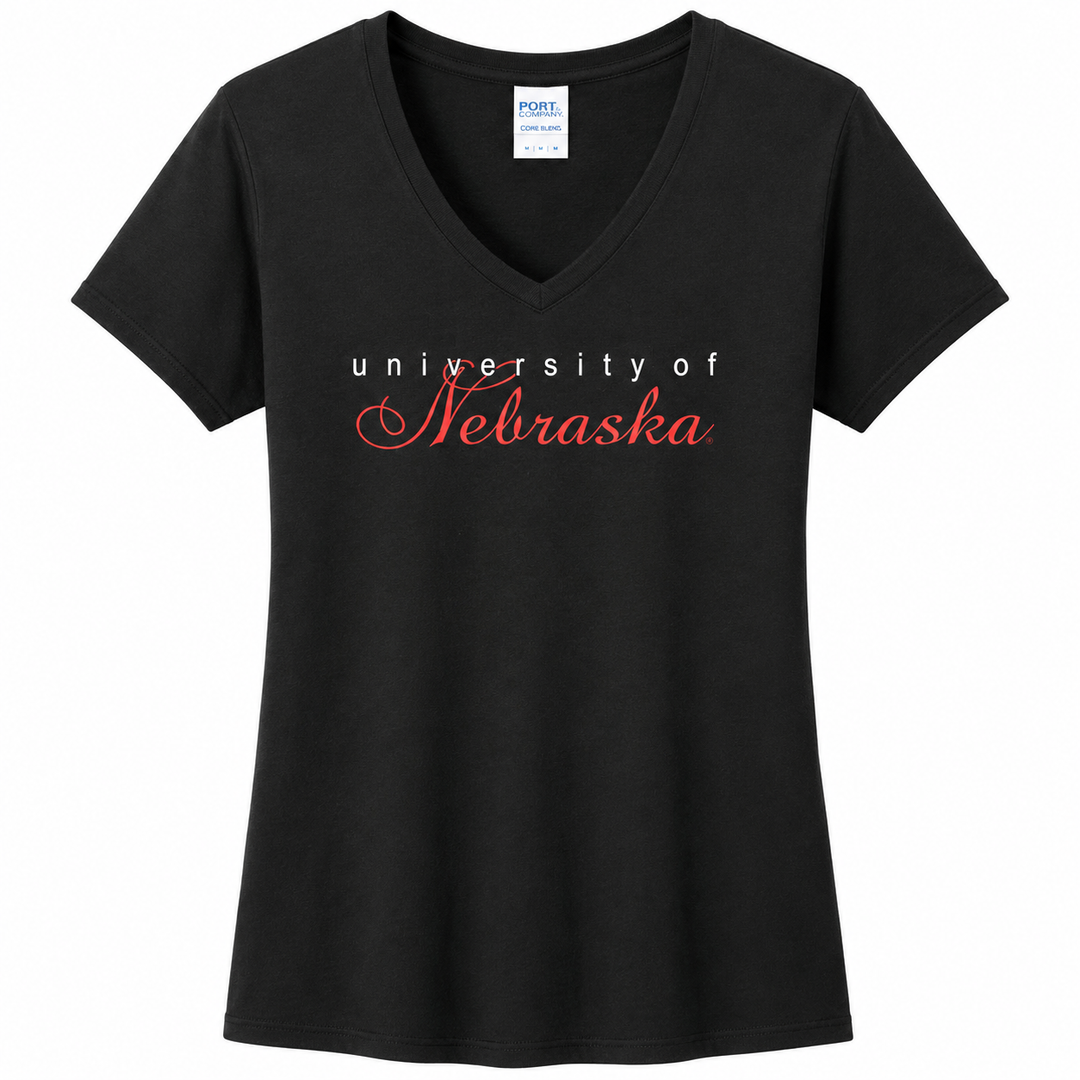 Black V-neck t-shirt with 'University of Nebraska' text on a white background