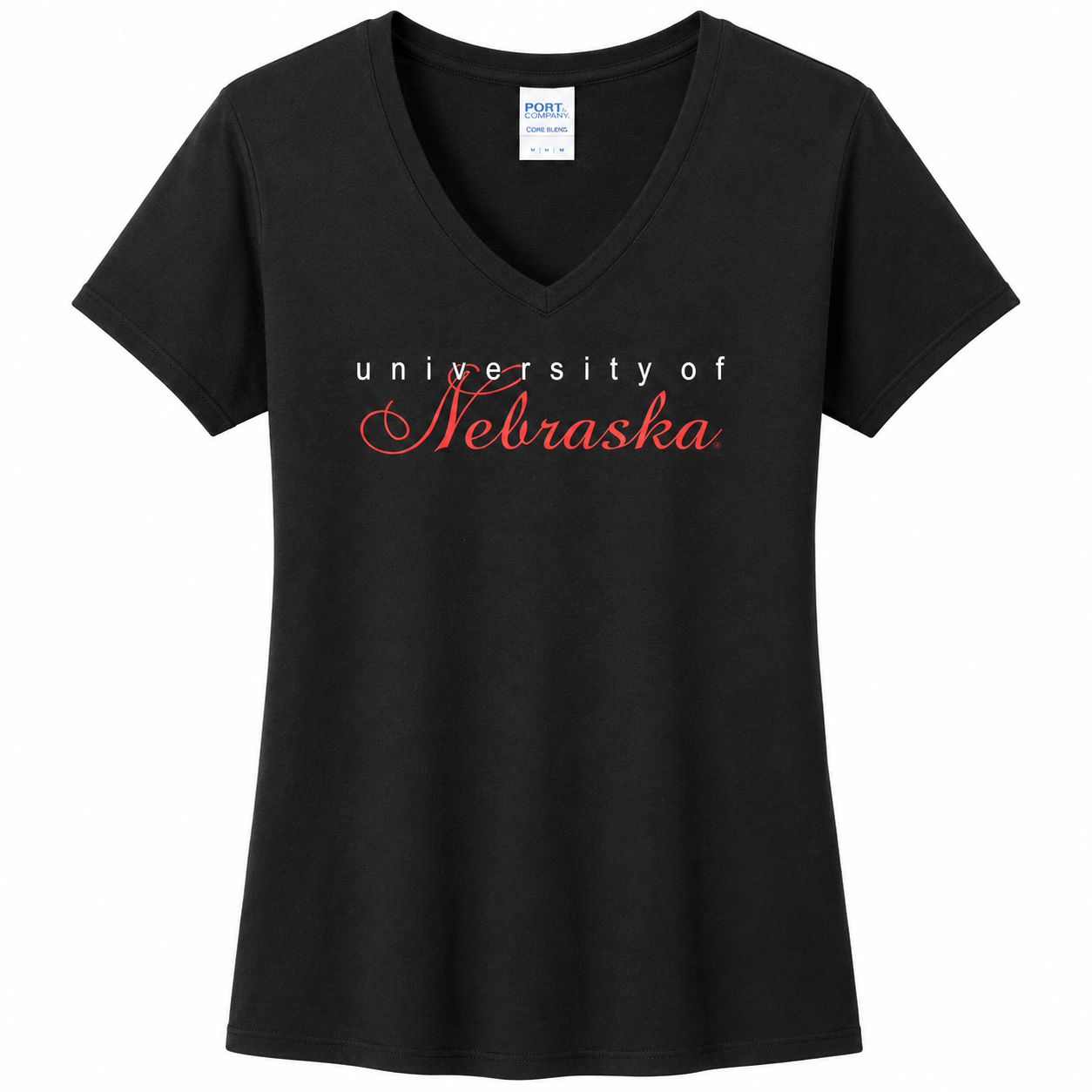Black V-neck t-shirt with 'University of Nebraska' text on a white background