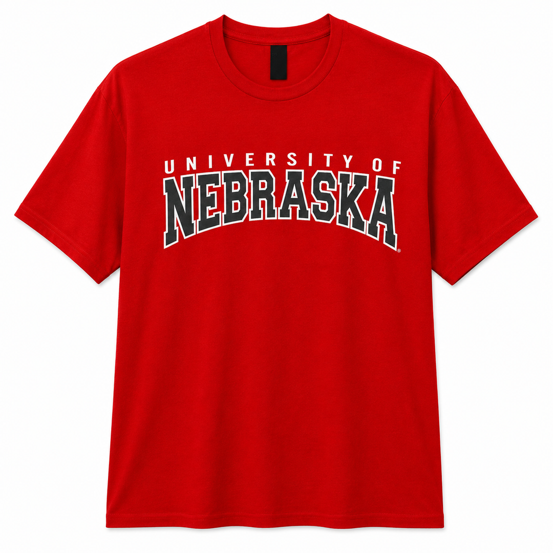 Red t-shirt with 'University of Nebraska' text on a white background