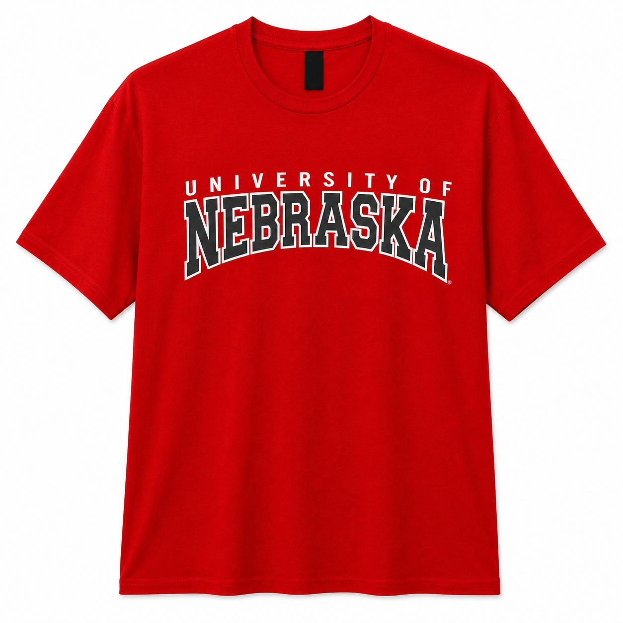 Red t-shirt with 'University of Nebraska' text on a white background