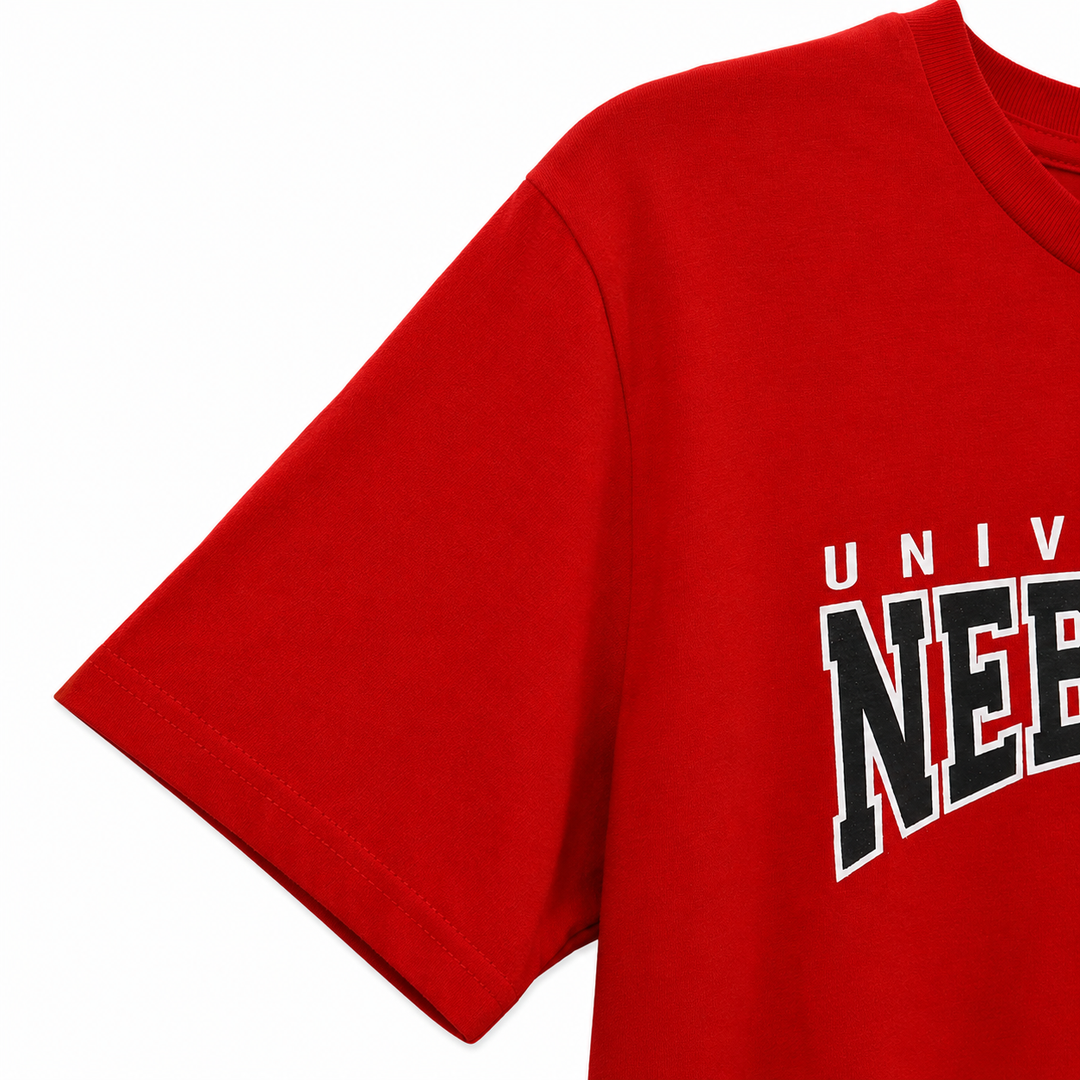 Red t-shirt with 'University of Nebraska' text on a white background