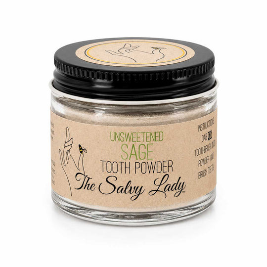 Jar of unsweetened sage tooth powder from The Salvy Lady on a white background