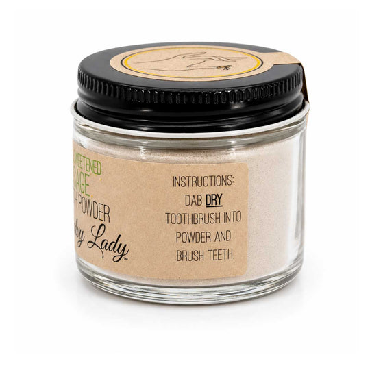 Glass jar of Lady Lady whitening rice powder with black lid on a white background