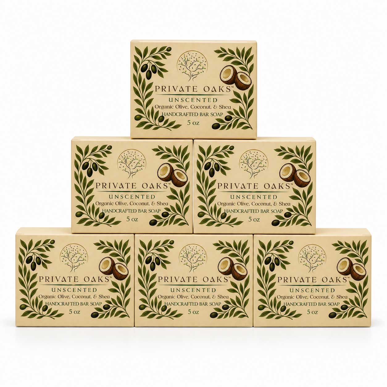 Six boxes of Private Oaks Unscented Organic Olive, Coconut, and Tea Unscented Bar Soap arranged in a pyramid stack on a white background.