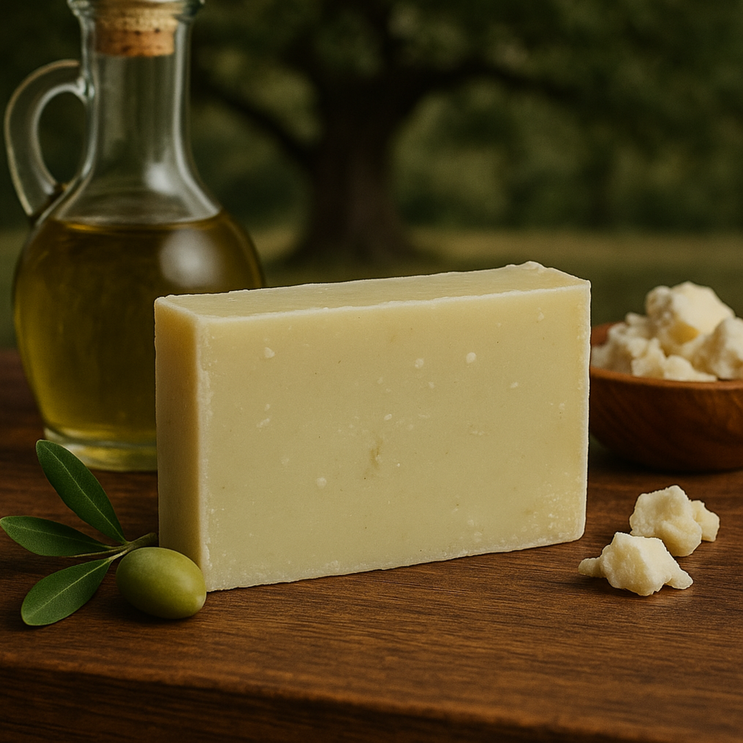 Bar of soap with olive oil bottle and olives on a wooden surface