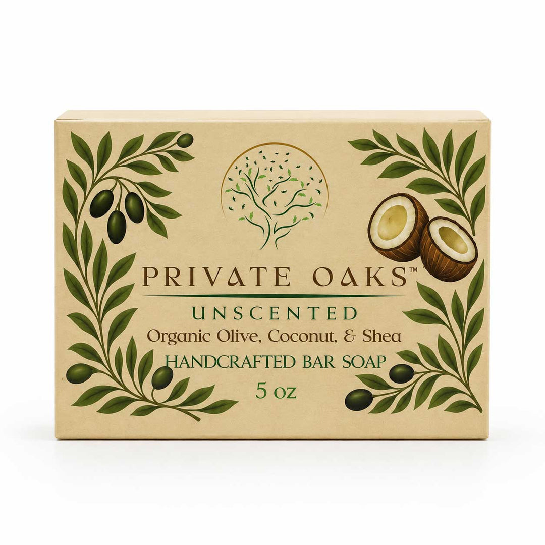 Private Oaks Unscented Handcrafted Bar Soap in a 5 oz box, featuring olive and coconut illustrations on a beige background.