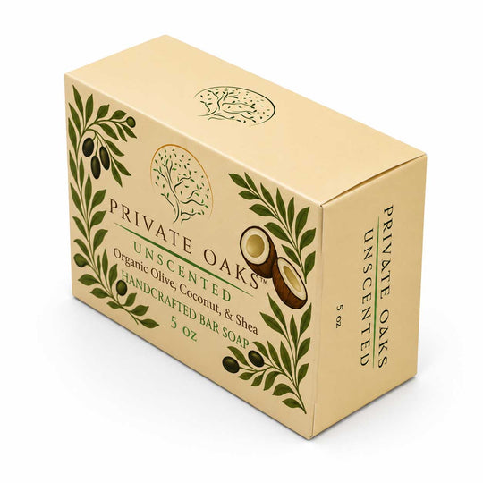 Private Oaks Unscented handcrafted bar soap in a beige cardboard box with green botanical illustrations and a coconut graphic, photographed on a white background.