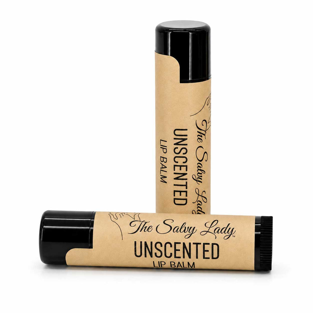 Two lip balm tubes with 'The Salvy Lady' branding on a white background