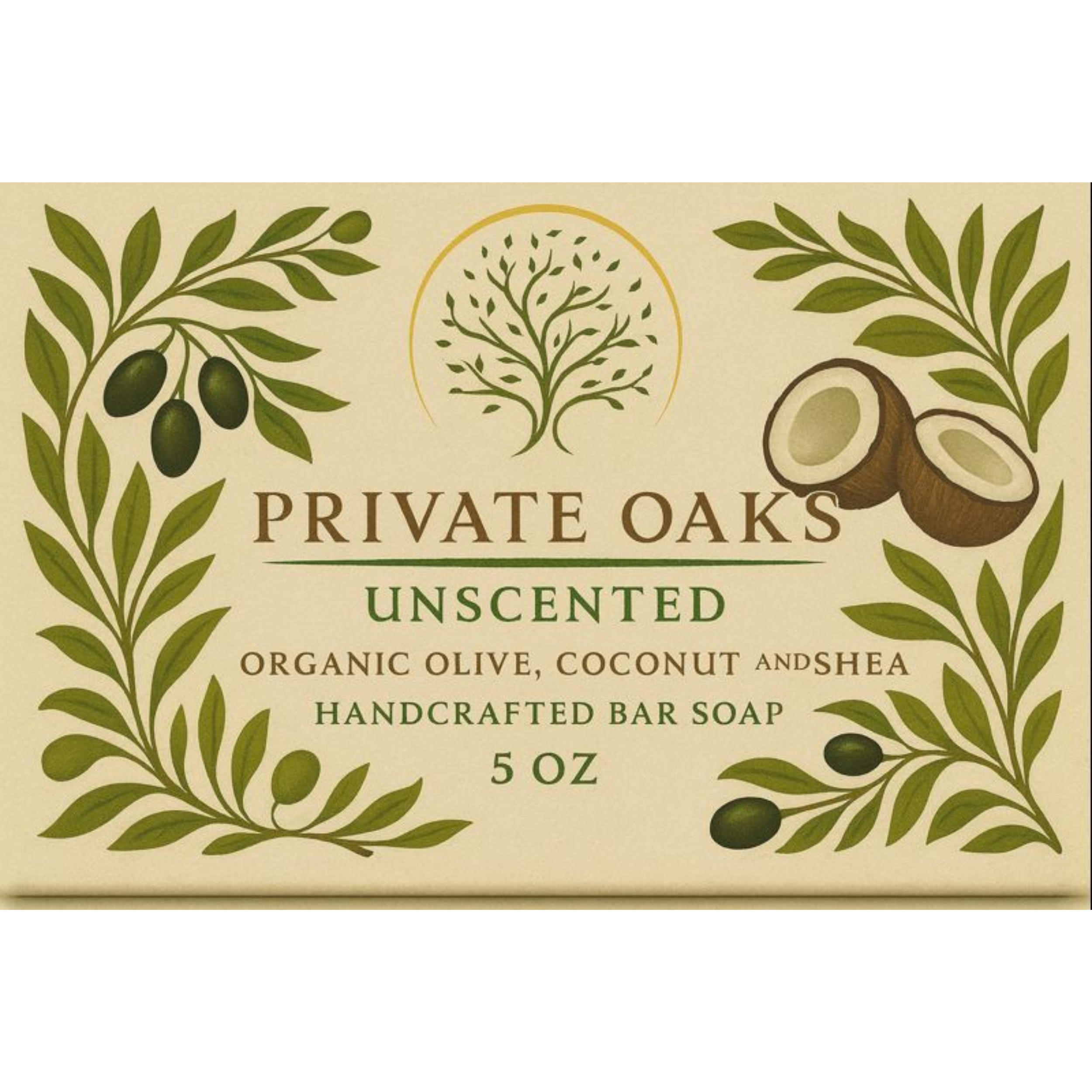 Private Oaks unscented bar soap packaging with olive and coconut graphics on a beige background