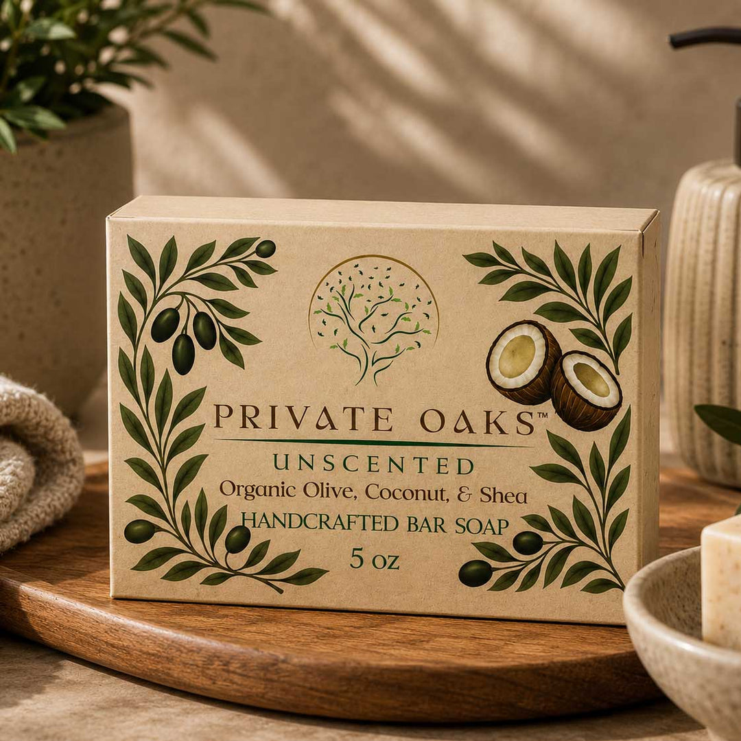 A 5 oz bar of Private Oaks Unscented Handcrafted Bar Soap in a kraft paper box, styled on a wooden tray with a neutral background and bath accessories.