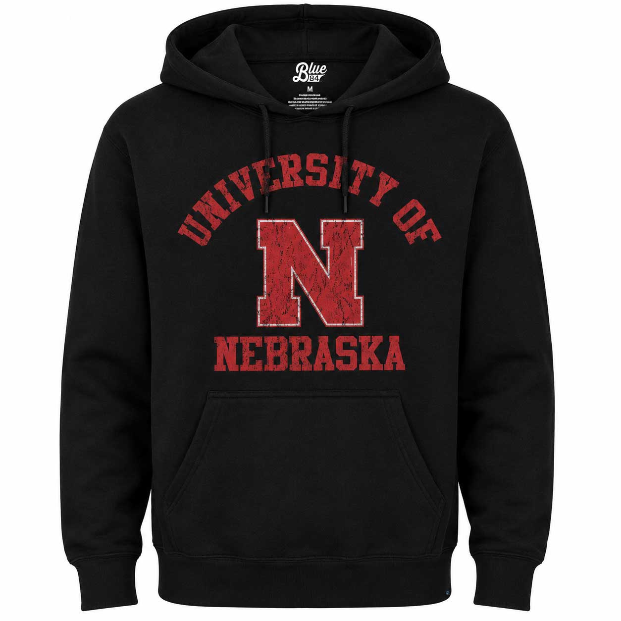 A black pullover hoodie with a distressed red graphic on the chest reading 'UNIVERSITY OF NEBRASKA' around a large block 'N'. The hoodie has drawstrings, a front kangaroo pocket, and a visible 'Blue Door' neck label.