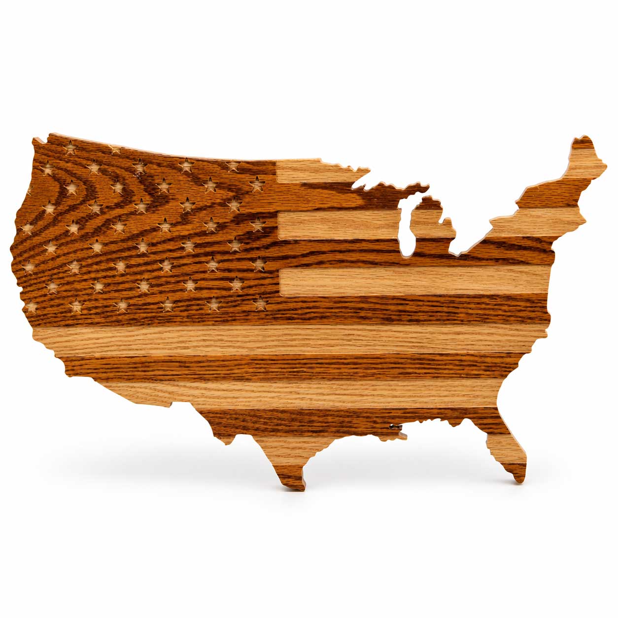 Wooden model of the United States with a flag pattern on a white background