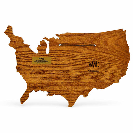 Wooden map of the United States with 'WWD' branding on a white background