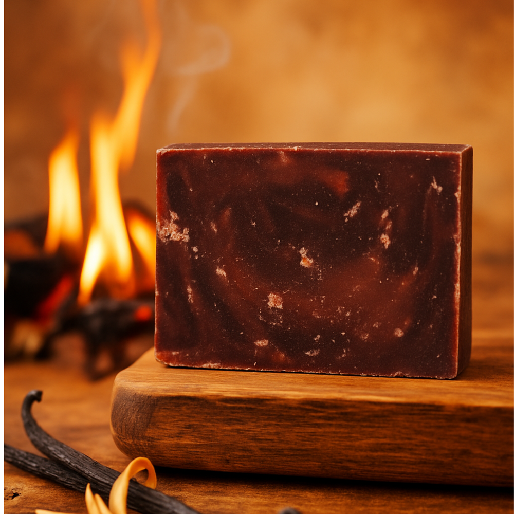 Bar of soap on a wooden surface with a bonfire in the background and vanilla bean in the foreground