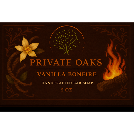 Private Oaks Vanilla Bonfire handcrafted bar soap packaging with floral and fire design elements.