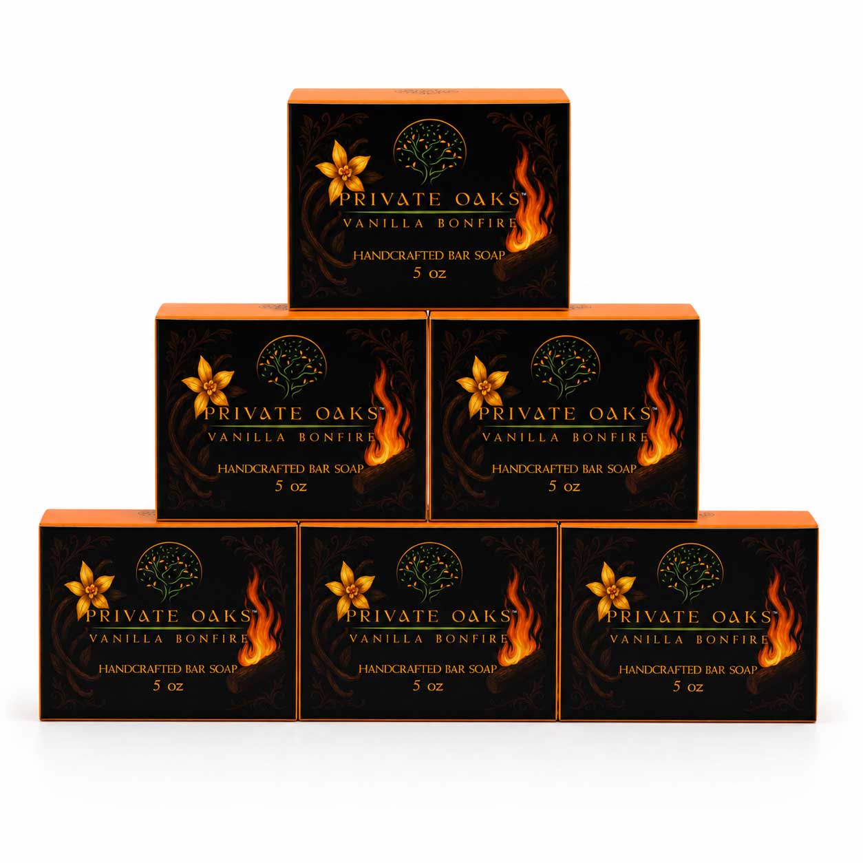 Six boxes of Private Oaks Vanilla Bonfire Handcrafted Bar Soap arranged in a pyramid stack on a white background.