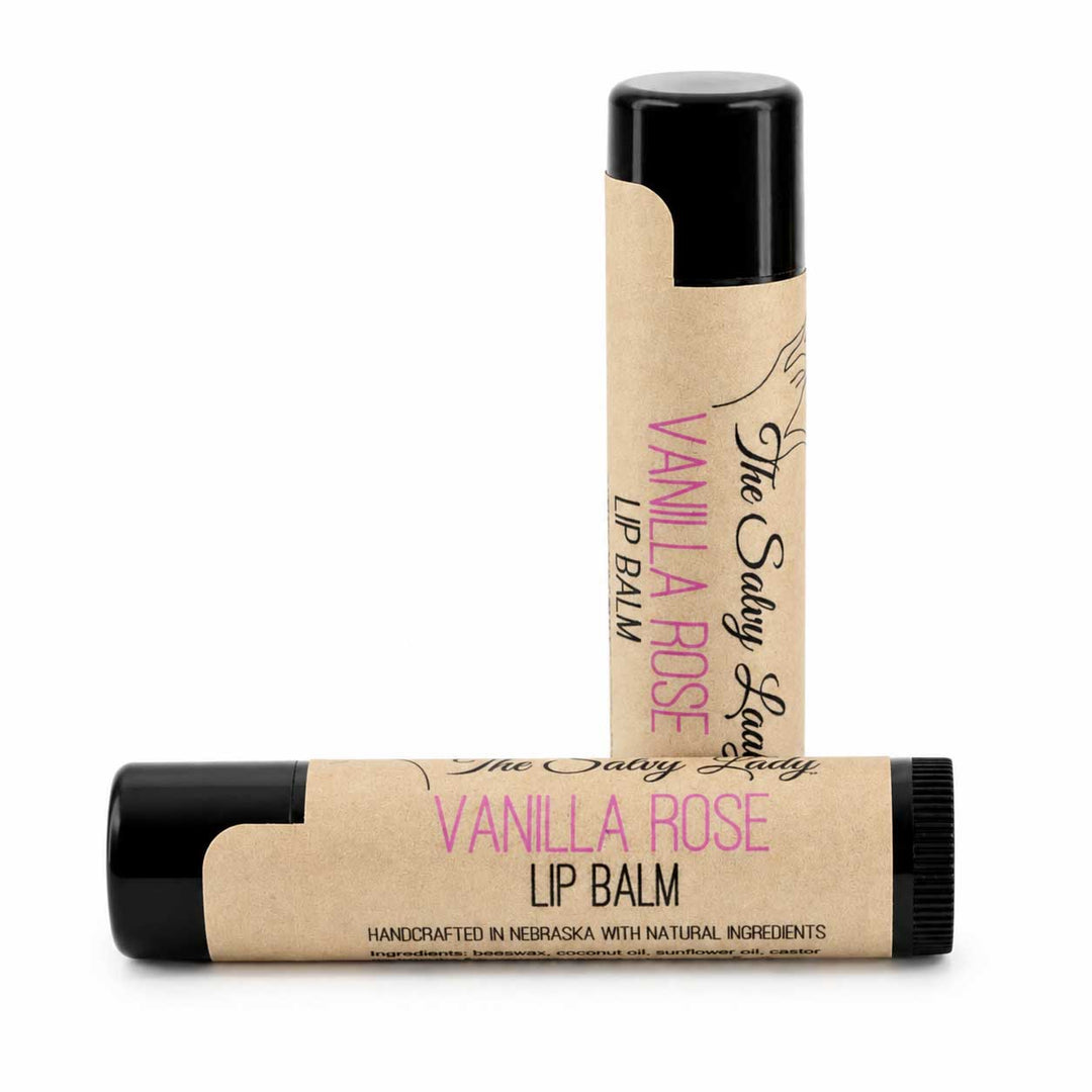 Two lip balm sticks with 'Vanilla Rose' branding on a white background