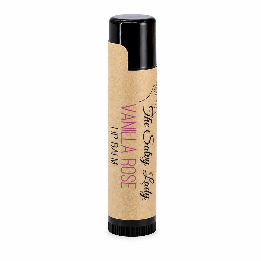 Vanilla Rose lip balm with black cap on a white background