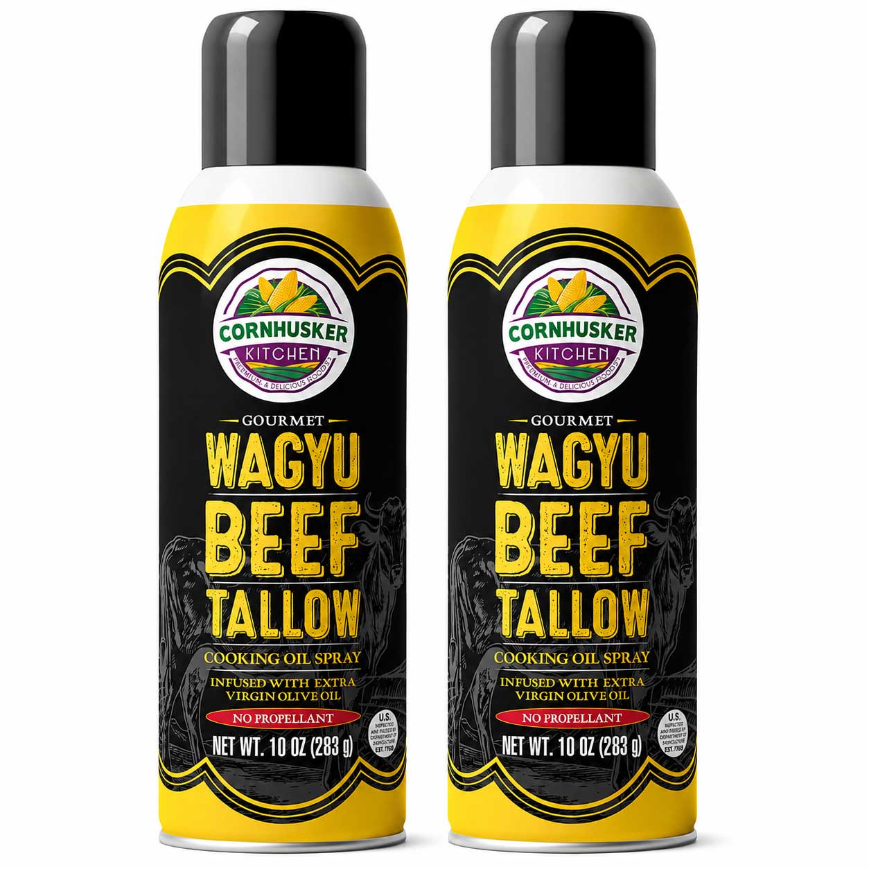 Two aerosol cans of Cornhusker Kitchen Gourmet Wagyu Beef Tallow Cooking Oil Spray, shown side by side on a white background.