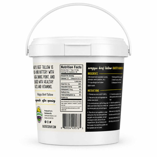 A white plastic bucket of Wagyu Beef Tallow Infused Butter shown from the back, featuring a white handle, a white nutrition facts label, and a black ingredients and instruction label.