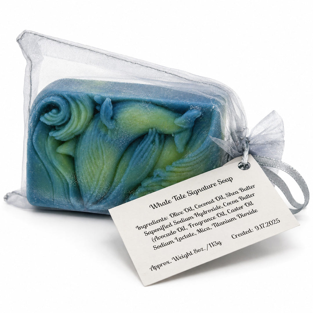 Blue and green soap bar in a clear plastic bag with a label on a white background