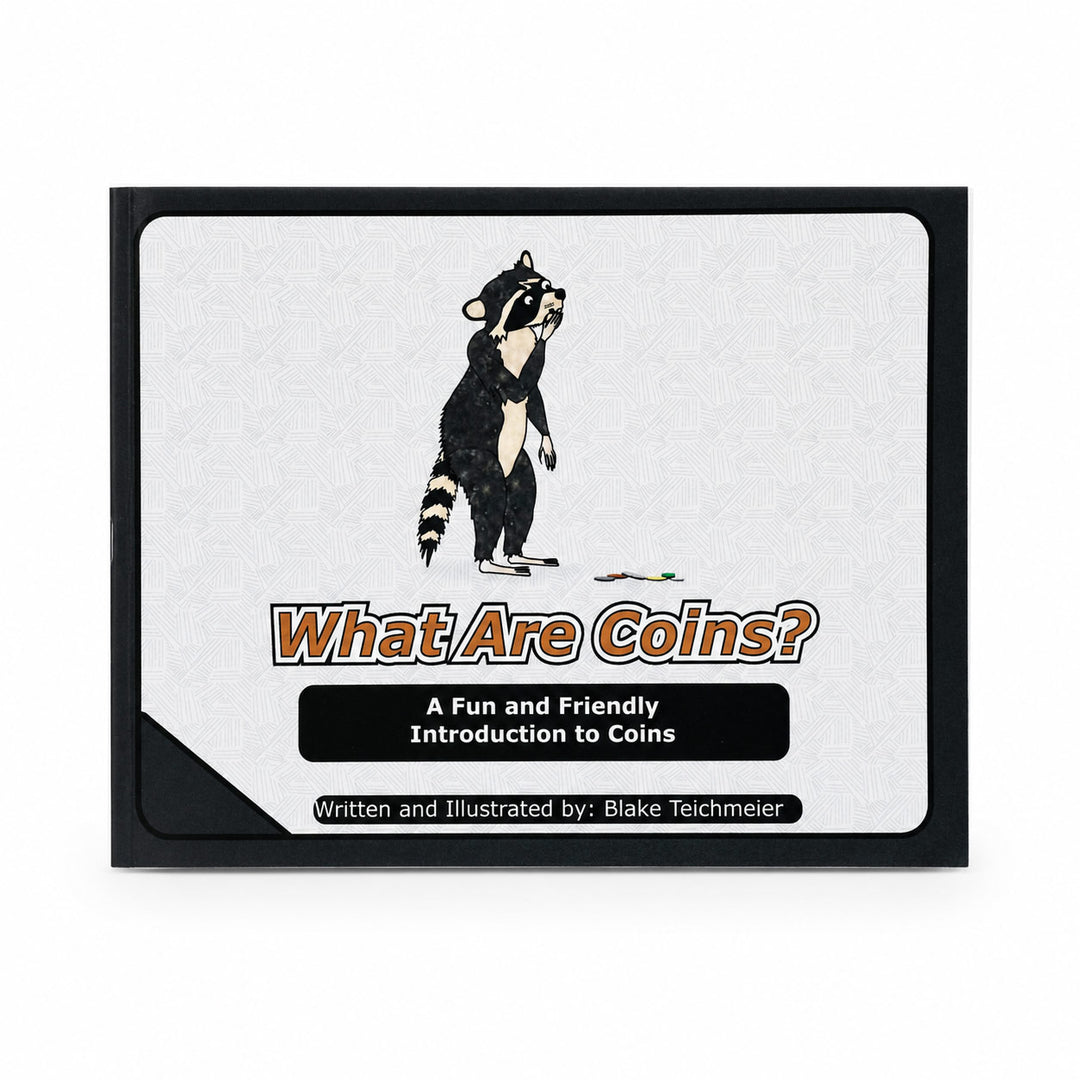 A children's book titled 'What Are Coins?' with a black cover, featuring an illustration of a raccoon and text on a light background.