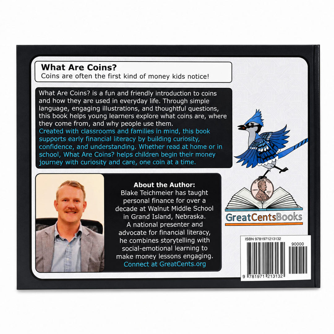 Back cover of the children's book 'What Are Coins?' by Blake Tuckerman, featuring a black background, white title panel, blue bird illustration, author photo, publisher logo, and barcode.