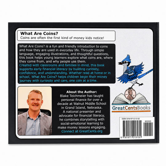 Back cover of the children's book 'What Are Coins?' by Blake Tuckerman, featuring a black background, white title panel, blue bird illustration, author photo, publisher logo, and barcode.