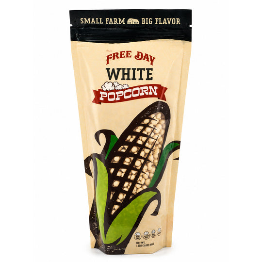 Bag of Free Day White Popcorn with corn illustration on a white background