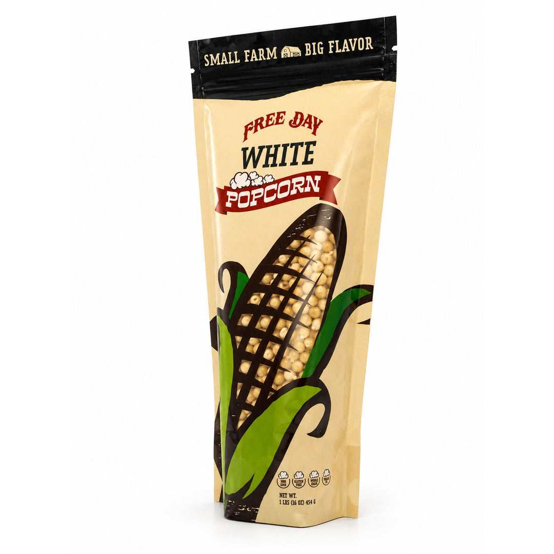 Bag of Free Day White Popcorn with corn illustration on a white background