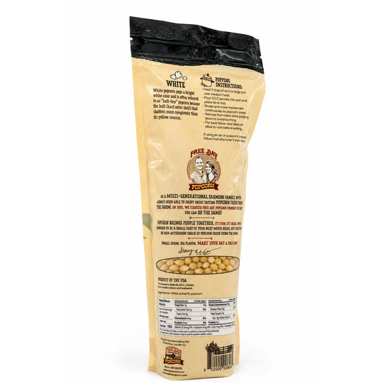 Back view of a popcorn bag with text and branding on a white background