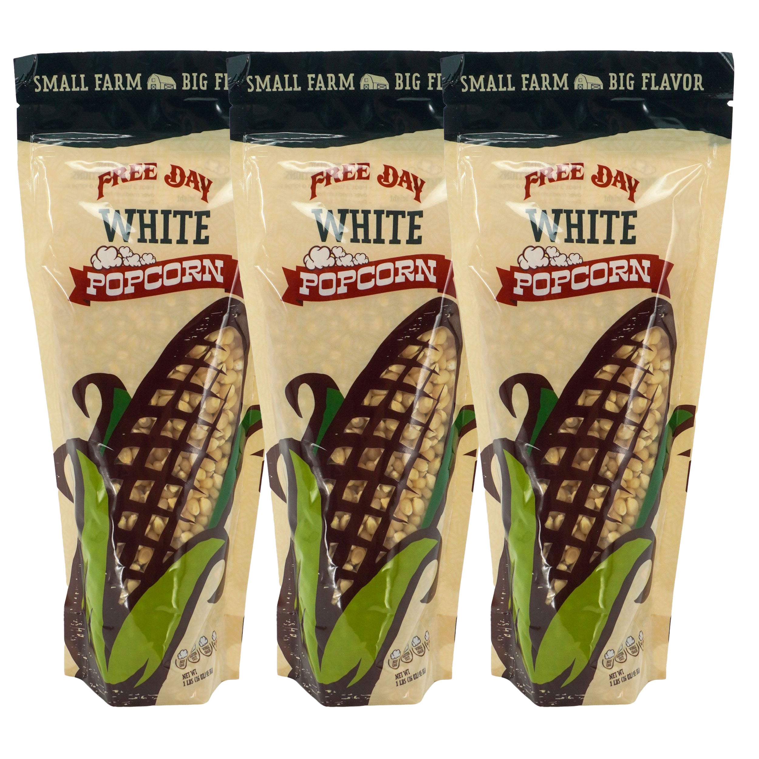 Three packages of Free Day White Popcorn with corn illustrations on a beige background.