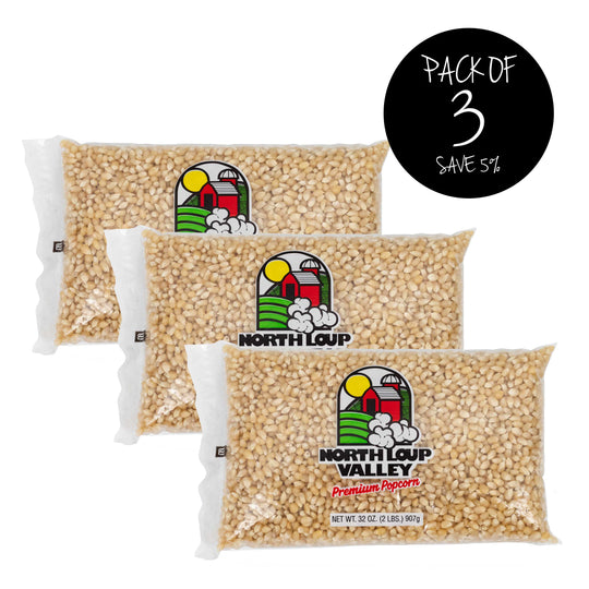 White Un-Popped Popcorn | Pack of 3 | Popcorn County USA | 2 lb bag | Light & Fluffy | Classic Snack | Made in North Loup, NE