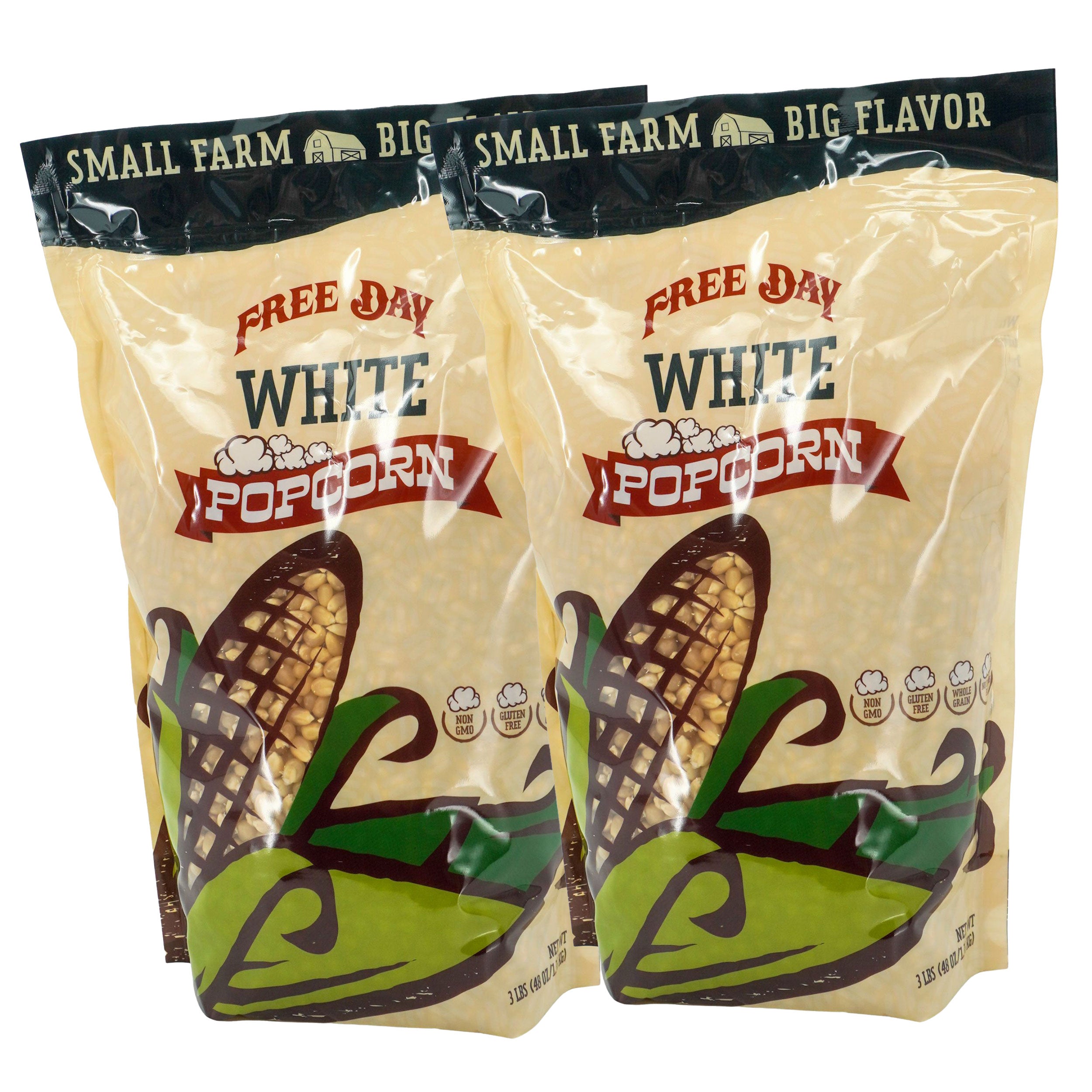 Two packages of Free Day White Popcorn with corn illustrations on a white background