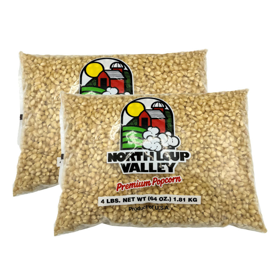 Two bags of North Loup Valley premium popcorn on a white background