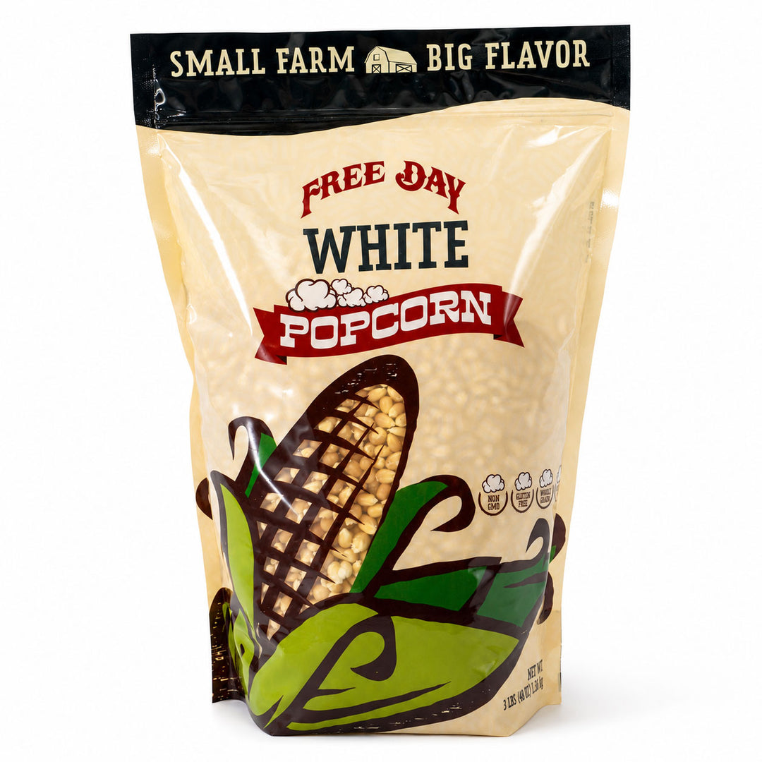 Bag of Free Day White Popcorn with corn illustration on a white background