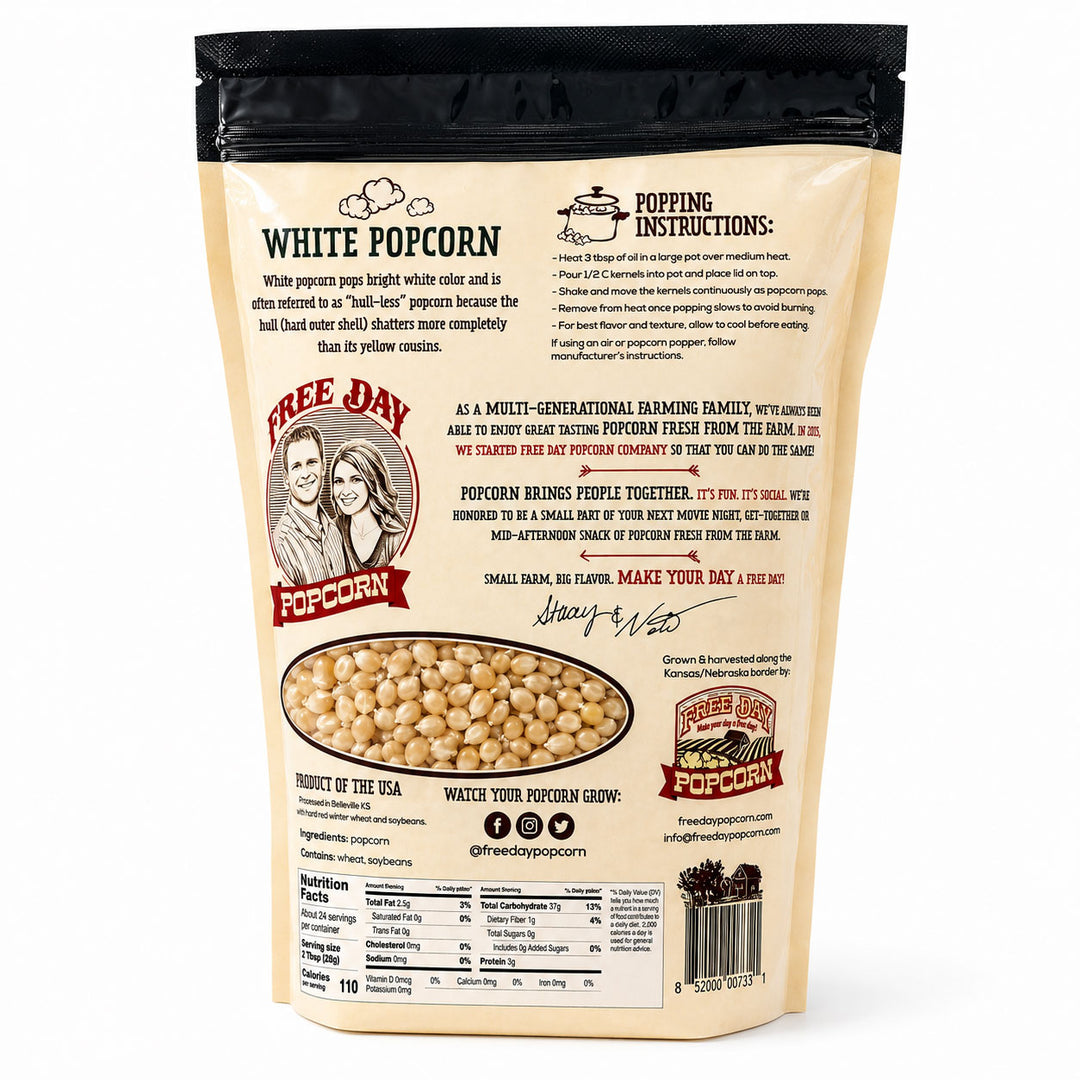 Package of Free Day Popcorn with text and images on a white background
