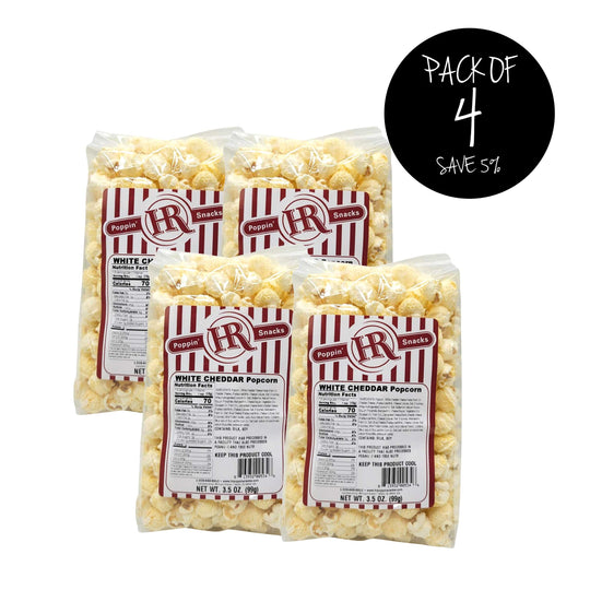 White Cheddar Popcorn | Pack of 4 | 3.5 oz. | Mild, Tasty Cheese Flavor | Savory Popcorn | Made in Gibbon, NE | HR Poppin' Snacks