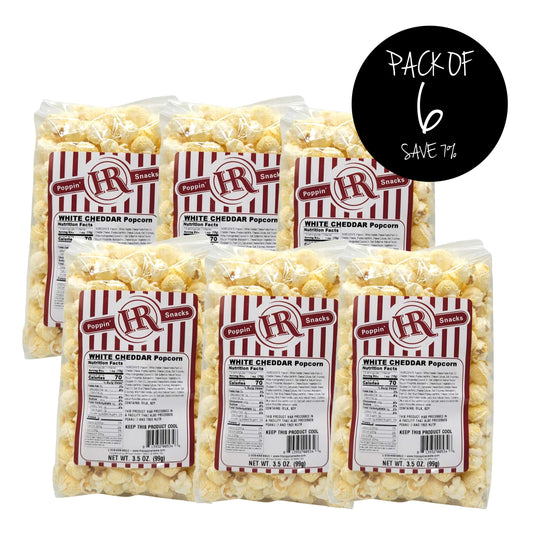 White Cheddar Popcorn | Pack of 6 | 3.5 oz. | Mild, Tasty Cheese Flavor | Savory Popcorn | Made in Gibbon, NE | HR Poppin' Snacks